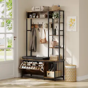 69.69" Brown Hall Tree with Bench & Shoe Storage, 39.37"W x 15.74"D Mud Room Coat Rack Organizer, Freestanding Entryway Furniture with Hooks for Living Room & Apartment