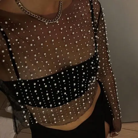 Women's Rhinestone Beaded Long Sleeve Sheer Woven Design Lightweight Fitted Cover-Up Top, Summer Clubwear Elegance Womenswear