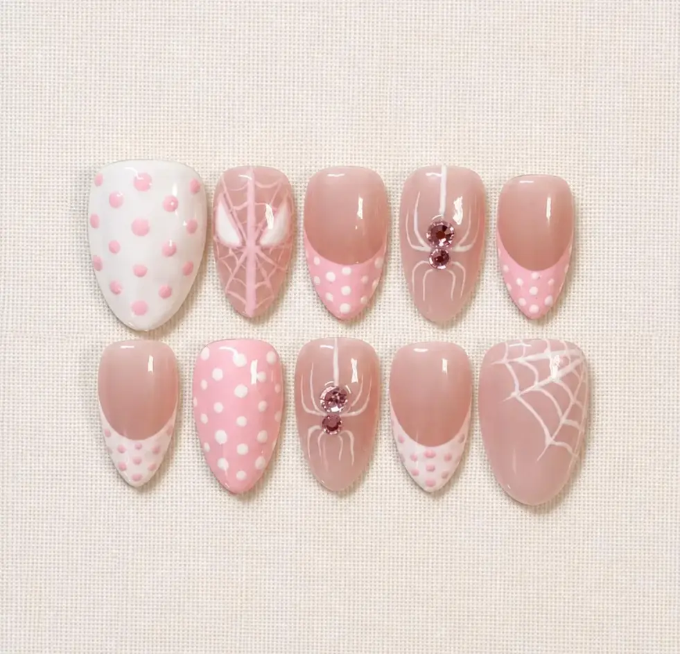Superhero Press On Nails | Girly Comic Nails | Pink White French, Polka Dot and Rhinestone Spider Art