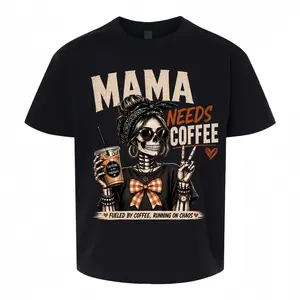 Women's Oversized "MAMA NEEDS COFFEE" Skeleton Graphic Crew Neck Short-Sleeve Cotton T-Shirt - Trendy, Soft Fabric, Casual Loose Fit, Vintage Streetwear Essential, Coffee-Themed Style, Petlover Summertime Pick