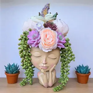 Lady Head Planter with Floral and Succulent Design Indoor Outdoor Planter Housewarming Gift Unique Decorative Pot