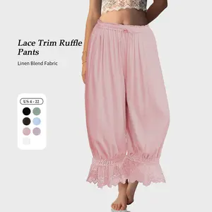【SS26 Collection】TARSE Women Linen Blend Lace Trim Long Bloomers Pants Ruffle Vintage Pantaloons Summer Beach Travel Vacation Cute Boho Pants with Pockets