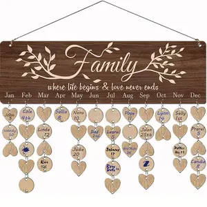 Wooden Family Birthday Calendar, 1 Set DIY Heart Shaped Hanging Calendar, Wall Hanging Calendar for Home Office Dormitory Decor, Ornaments, Wall Hanging Design