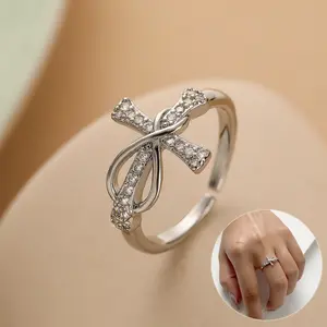 Cross Ring For Women Copper Geometry Adjustable White K Fashionable High Quality Jewelry