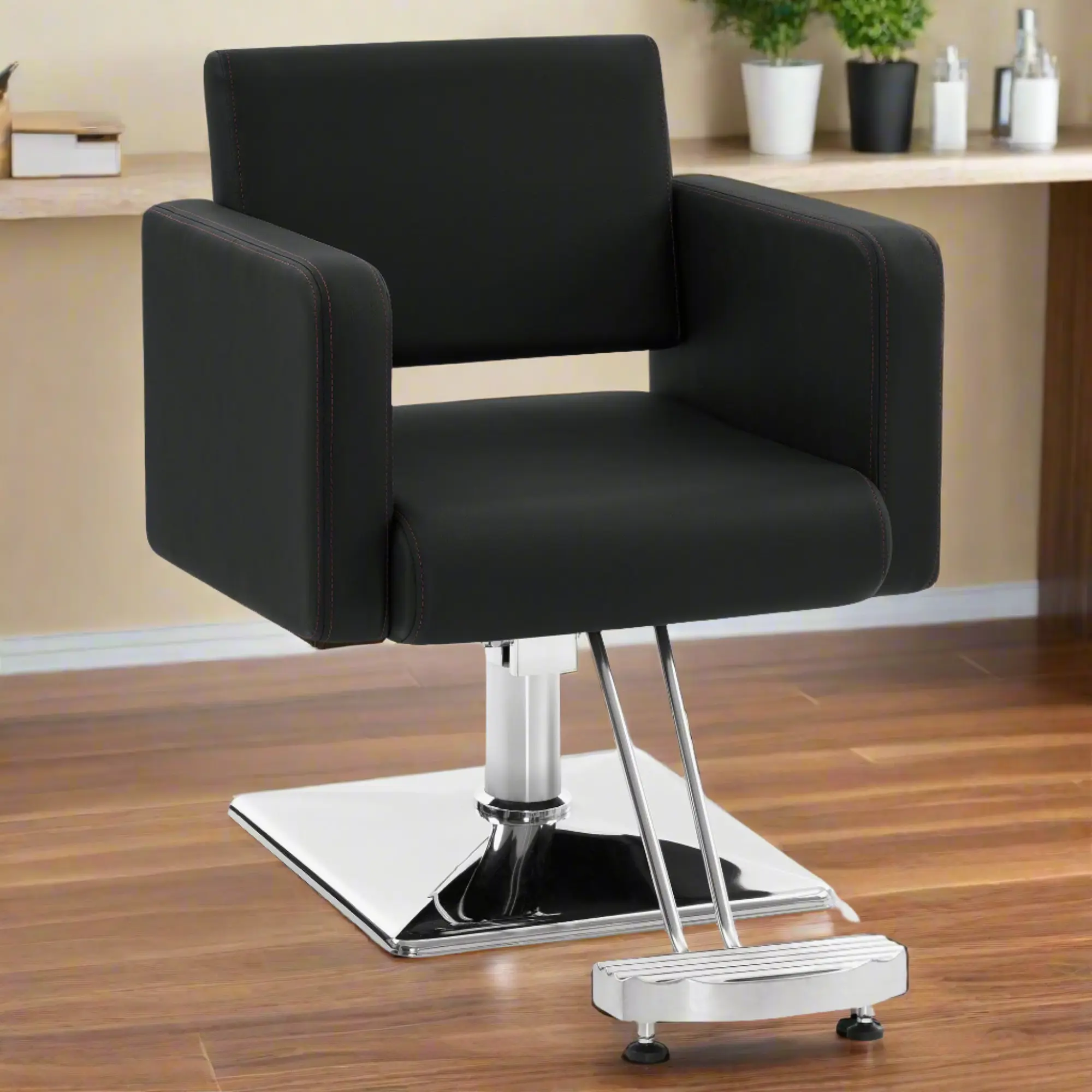 BarberPub Hydraulic Barber Salon Chair - Black Single-Person PVC Leather Sturdy Wood Salon Furniture, Height-Adjustable, 330 lbs Max Weight, Sponge-Padded (Model 3805)