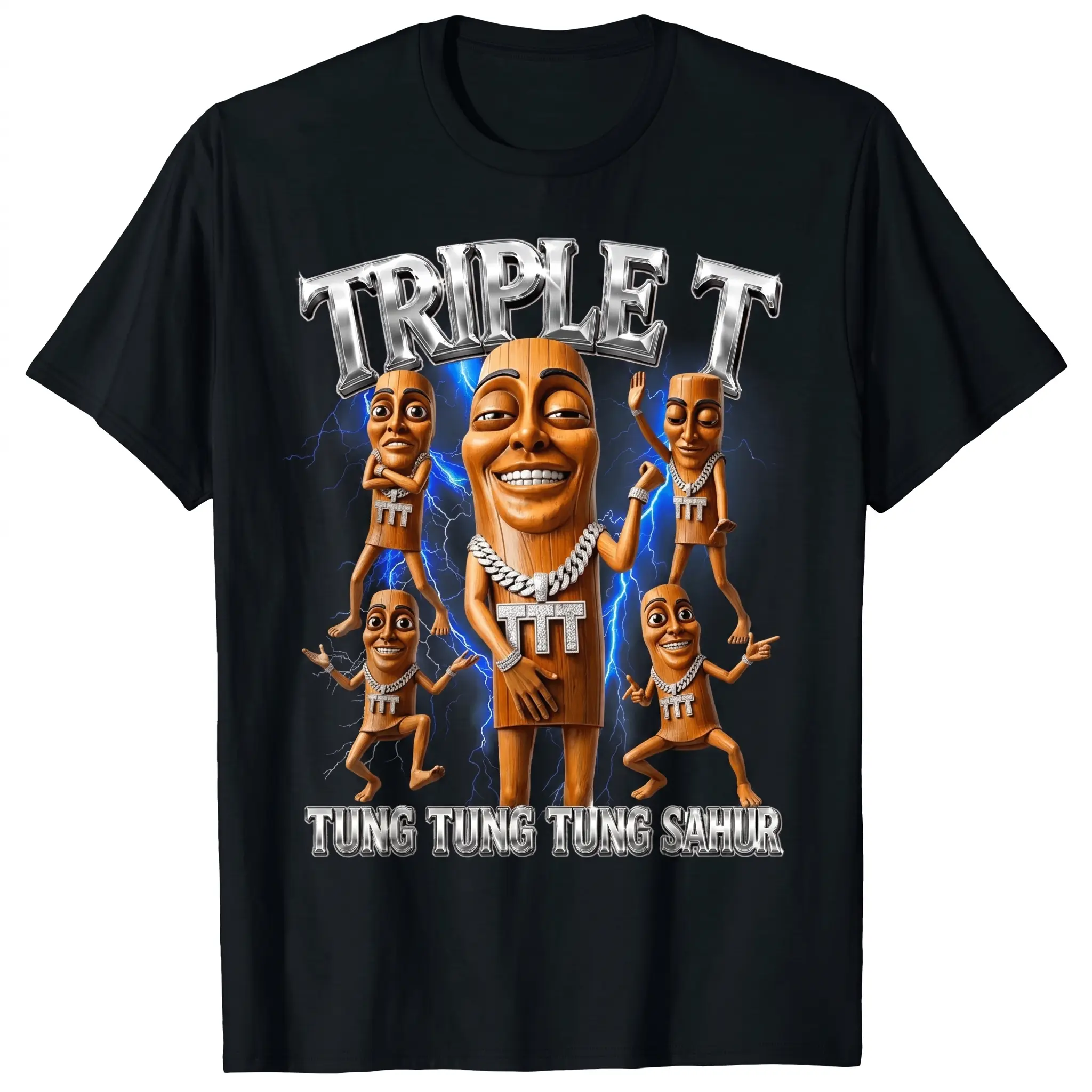"TRIPLE T" Tung TungTung Sahur Meme Graphic Tee, Retro 90s Bootleg Rap Vibe Menswear, Y2K woman men graphic tee Metallic Chrome Letters Round Neck Shortsleeve Unisex Casual Men's Sports T-Shirt