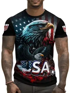 Men's Sport Outdoor Athletic Shirt 3D Printed American Flag Pattern Short Sleeve Summer Top, Athletic Sports Clothing, Casual Fitted Long Shirt, All Seasons Wear