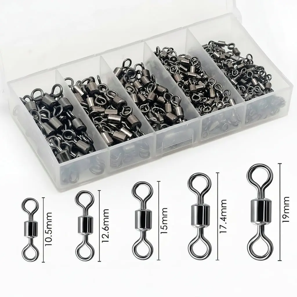 Nova Bearing Swivels - 100 Pcs Pack Stainless Steel Rolling Connectors for Saltwater Fishing, Smooth Rolling Rotation Eliminates Line Twist, Fits Trolling Lures & Leader Connections, Bulk Mixed/Single Sizes for Season-Long Stocking, Fishing Swivels, Elimi