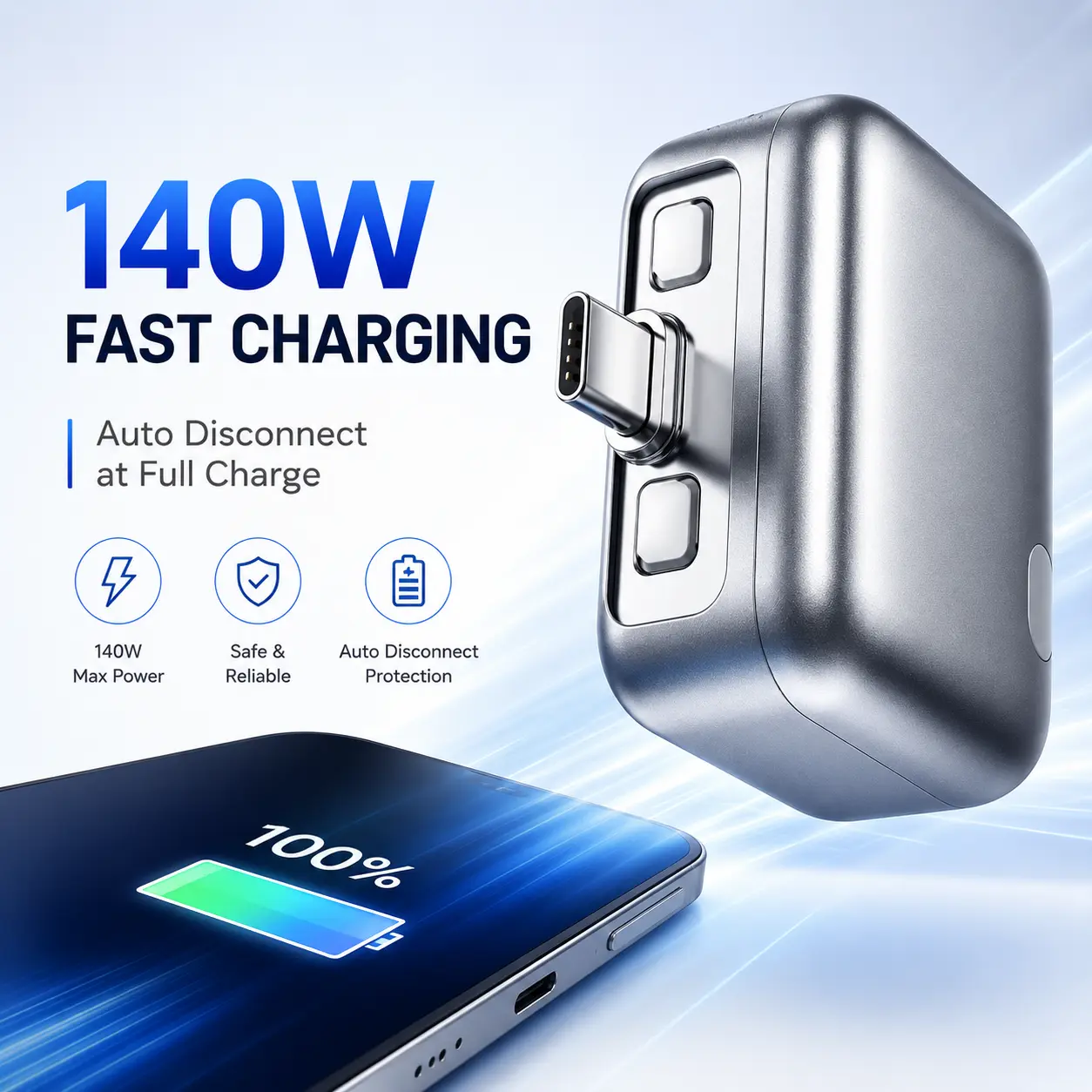 140W Type-C Physical-Disconnect Battery Guard Charger - Portable Handheld Auto-Eject Fast Charging Power Adapter with Smart Overcharge Protection for Cellphone, Smartphone, Tablet, Laptop