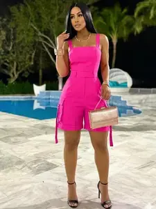 Women's Square Neck Utility Jumpsuit, High Waist Sleeveless Design, Side Pockets & Adjustable Straps, Casual Minimalist Loose Fit All Seasons