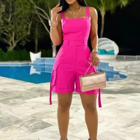 Women's Chic Square-Neck Sleeveless High-Waist Jumpsuit Romper, Loose-Fit Playsuit with Side Pockets and Adjustable Straps, Minimalist Clothes for All Seasons, Womenswear