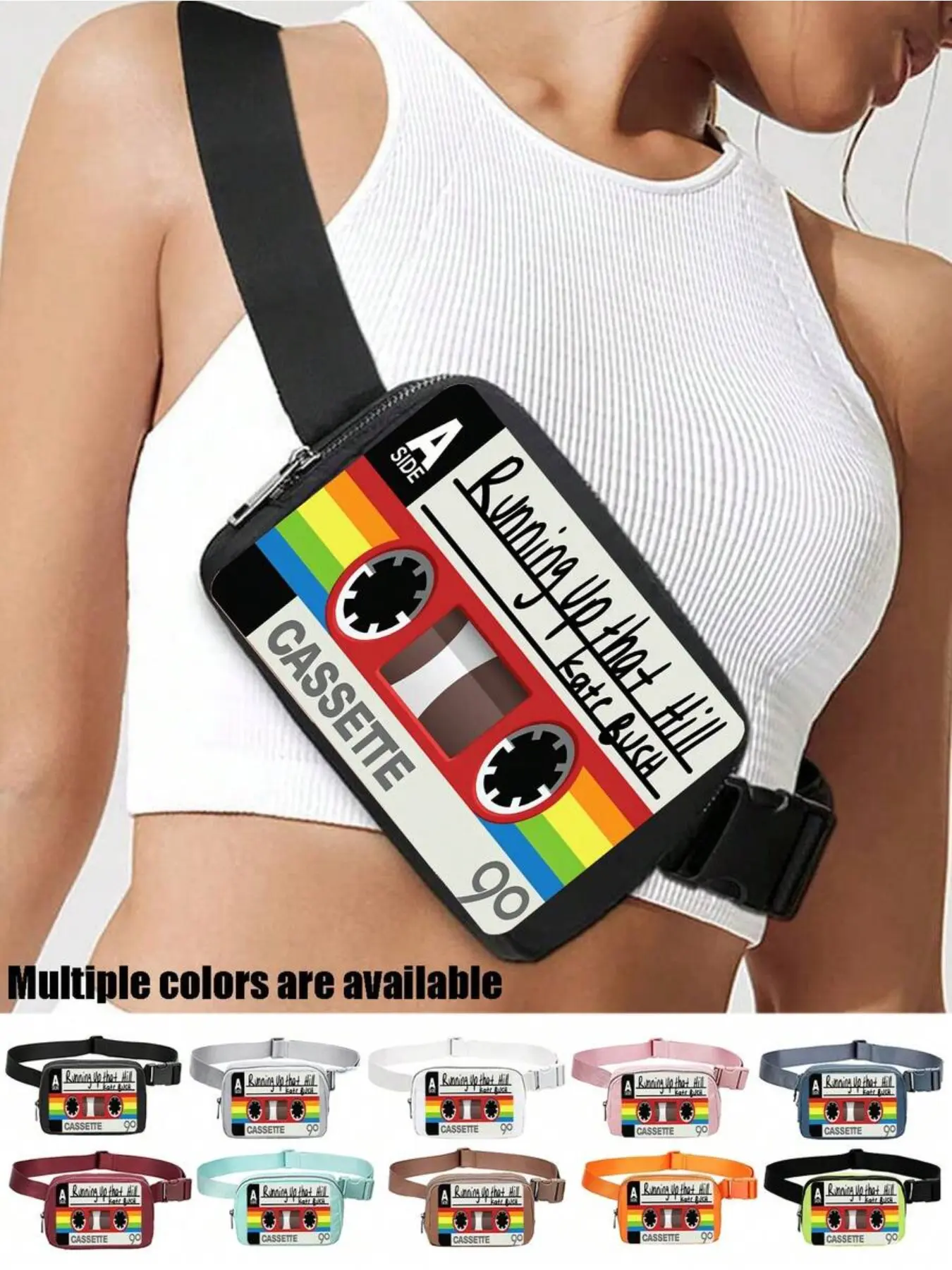 Retro Cassette Tape Print Crossbody Chest Bag, Adjustable Strap Waist Bag, Mini Shoulder Bag, Unisex Lightweight Zipper Pouch For Phone, Wallet, Keys, Suitable For Running, Travel, Fitness, Festivals, Casual Wear, Y2K Hip-Hop Style, Fashion Waist Packs