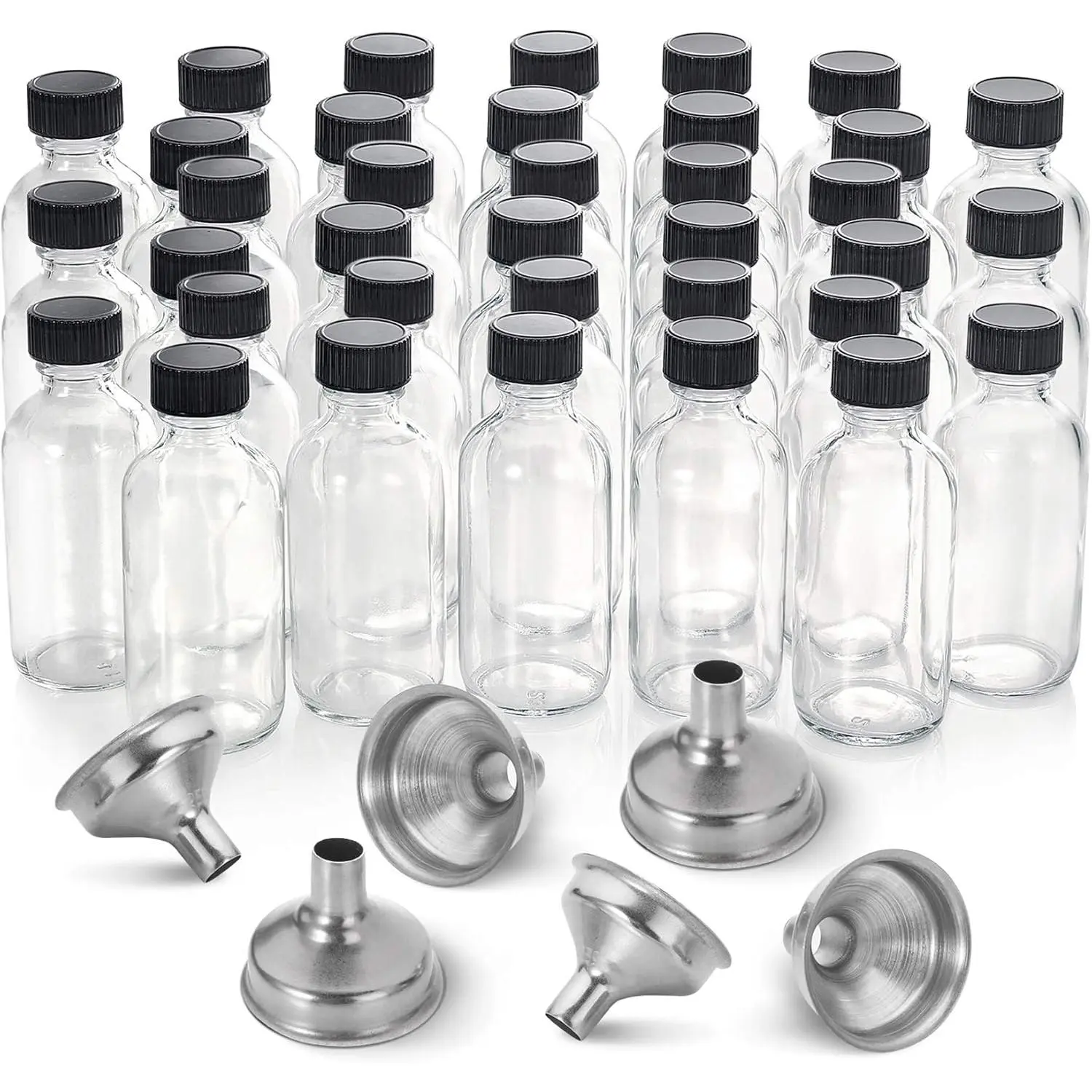 36 Pack, 2 oz Small Clear Glass Bottles w/ Lid & 6 Stainless Steel Funnels - 60ml  Sample Bottles - Mini Travel Essential or Decorative Bottles for Potion, Juice, Wellness, Ginger Shots, Whiskey