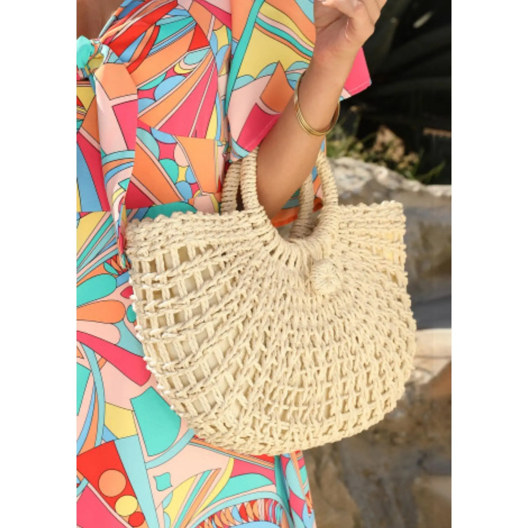 Beige Bamboo Weaving Semicircle Tote Handbag