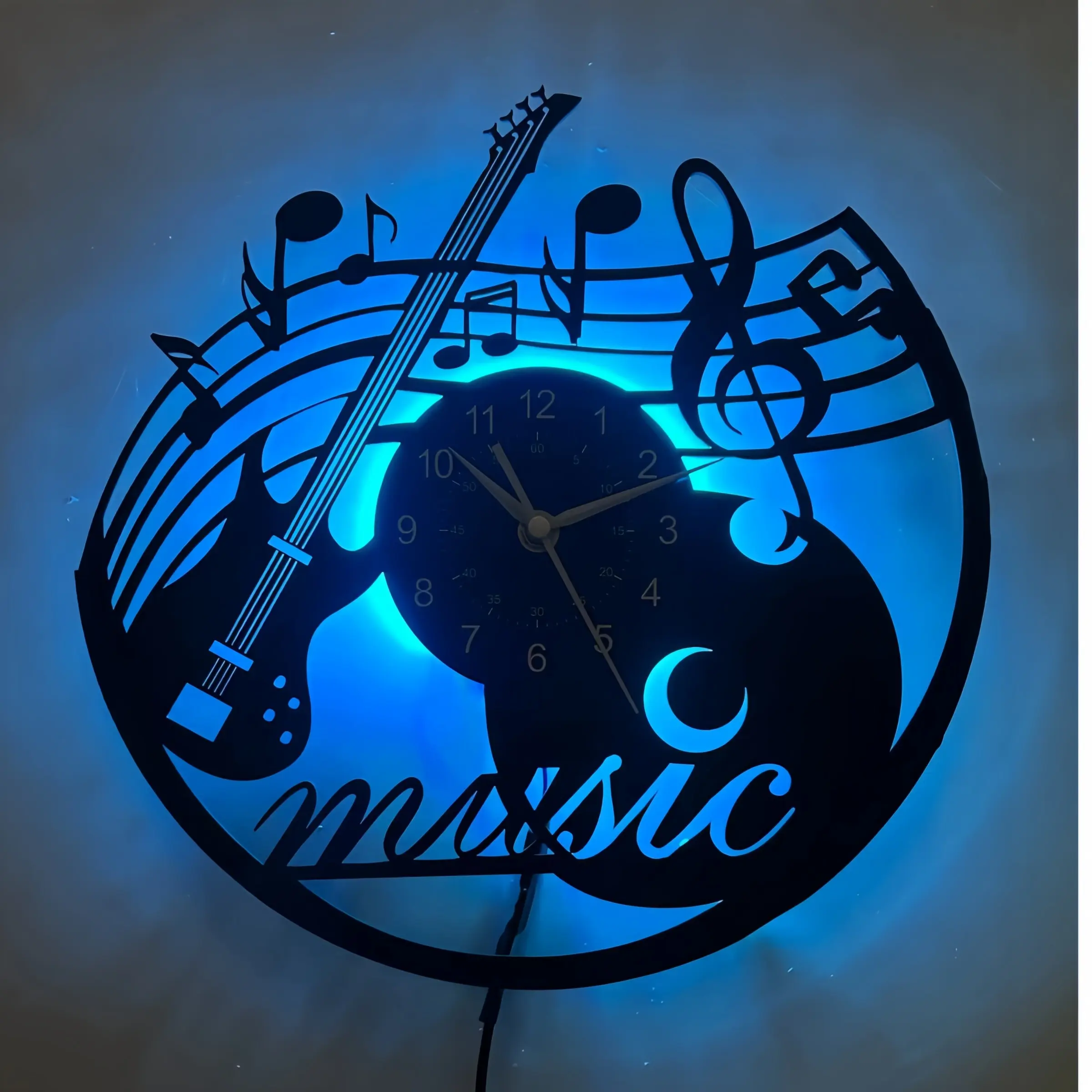 LED Vinyl Wall Clock for Music Lovers, Features Guitar, Sheet Music, Notes, Handwritten 'music' Text, Unique Gift Idea, Creative Room Decor, Led Wall Clocks, Wall Clock Decorative