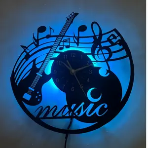 LED Vinyl Wall Clock for Music Lovers, Features Guitar, Sheet Music, Notes, Handwritten 'music' Text, Unique Gift Idea, Creative Room Decor, Led Wall Clocks
