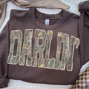 Darlin' Camo Sweatshirt - Camouflage Letter Brown Crewneck Pullover Unisex Cotton Blend Casual Sweatshirt Women