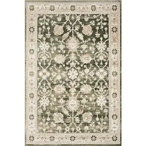 Ivy Vintage Green Power-Loomed Washable Rug, Ideal for Indoor Use
