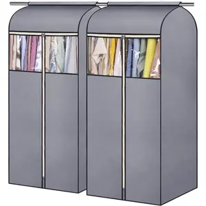54'' Hanging Garment Bags for Closet Storage Sealed Completely Jackets Coats Suits Clothes Rack Cover for Wardrobe with Clear PVC Window 2 Packs Grey Hanging Rod Not Included