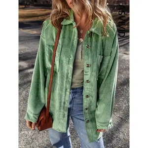 Women's Casual Style Solid-Color Corduroy Jacket With A Lapel And Front Pocket.