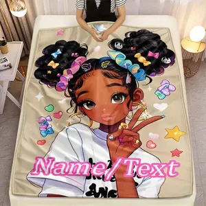 1pc Personalized Custom Name/Text Anime Blanket with Japanese Manga Characters & Peace Sign Suitable for Bed, Sofa, Travel - Soft Flannel Throw with Pastel Colors, Heart Patterns, Self-Defined Name/Text Gift for &