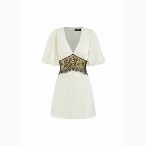 Cider Satin V-neck Contrasting Lace Lantern Sleeve A-line Mini Dress