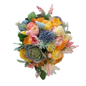 Peach and Dusty Blue Succulent Wood Flower Bouquet, Pink and Yellow Wooden Wedding Flowers, Soft Pastel Bridal Bouquet