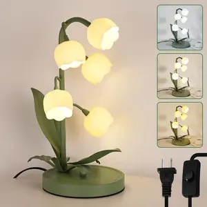 Flower Table Lamp for Bedroom,3 Colors Flower Reading Light with 5 Lily of The Valley, Cute Desk Lamp Bedside Lamps for Nightstands  Decor,Soft Reading Night Light for Bedroom Living Room Office