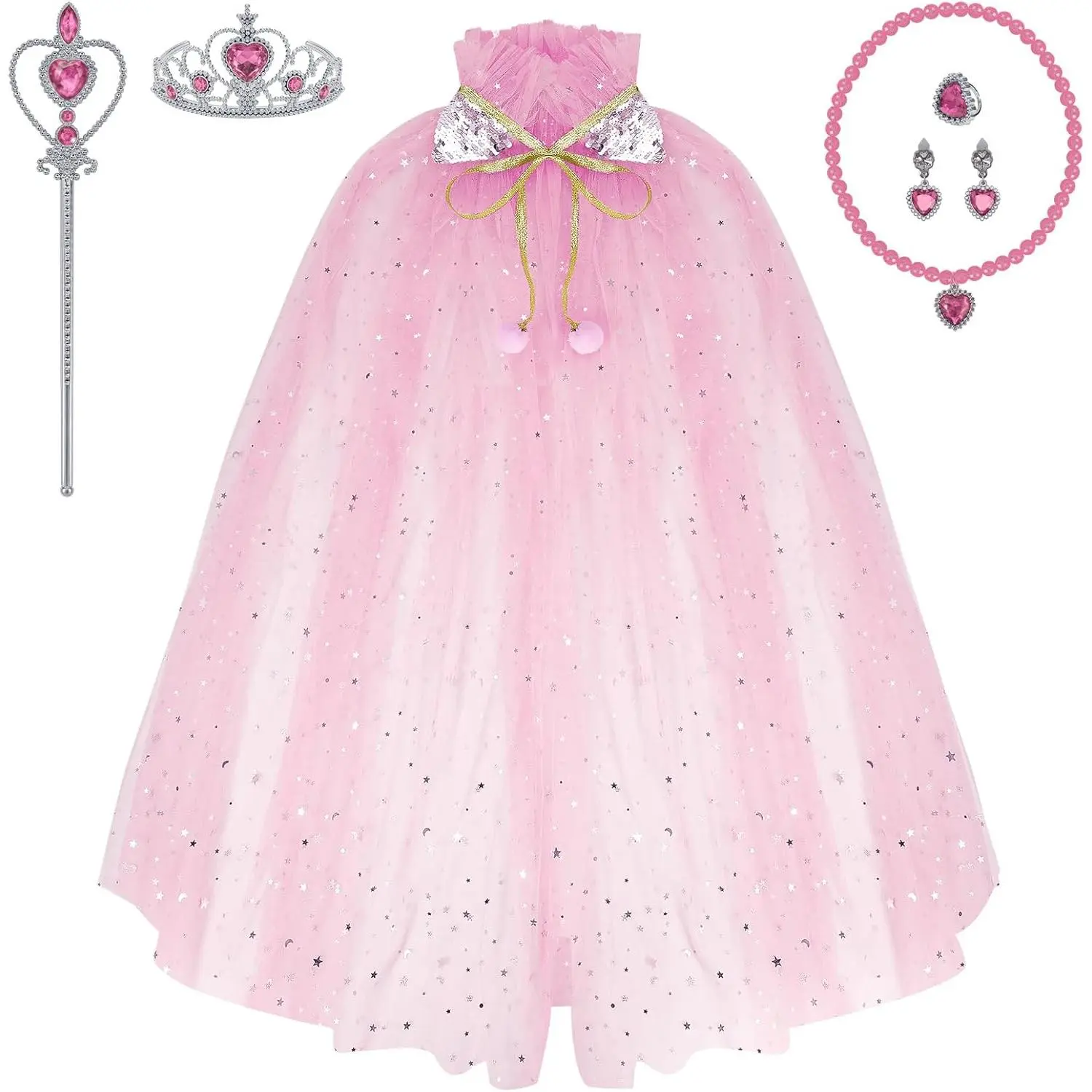 SQ-CPA005 Princess Dress Up Clothes, 7pcs Princess Cape Crown with Wand for Girls 3-8 Years Toddler Princess Dress Up for Birthday Gift