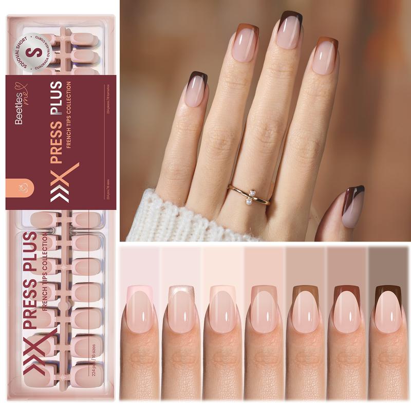 Beetles X Press Plus Autumn Press On Nails Tips Kit - French Tip Pink Brown Short Square Almond Shape Natural Acrylic Nail Tips for Effortless Beauty & DIY Manicures - Frenchtipnails Fall Nail Halloween Nail Black Friday Winter Nail Christmas Gift