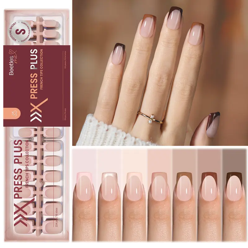 Beetles X Press Plus Autumn Press On Nails Tips Kit - French Tip Pink Brown Short Square Almond Shape Natural Acrylic Nail Tips for Effortless Beauty & DIY Manicures - Frenchtipnails Fall Nail Halloween Nail Black Friday Winter Nail Christmas Gift