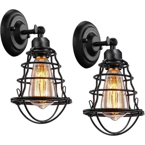 Industrial Wall Sconces Set of Two, Farmhouse Wall Sconce, Vintage Wire Cage Wall Lighting Sconce, Black Wall Lamp Fixture for Bedroom, Headboard, Porch