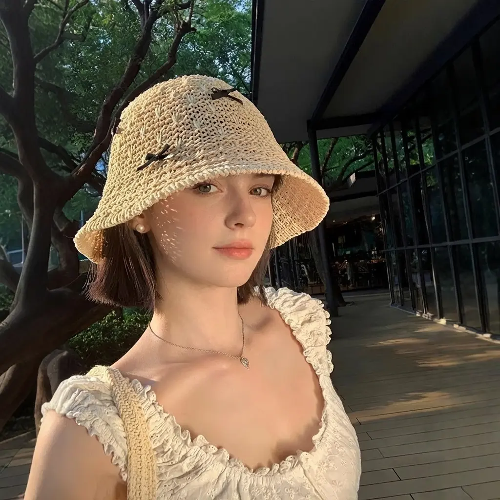 Sweet Bow-Knitted Fisherman's Hat for Women Summer Hollowed-Out Breathable Beach Sunshade UV Protection Bucket Hat Ideal for Warm Weather