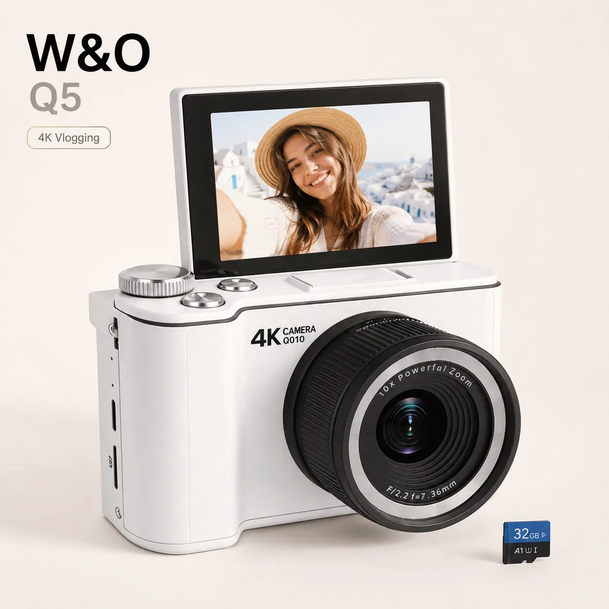 W&O Q5 White 4K Vlogging Camera for Beginners & Teens, Up to 64MP Photos, Autofocus Point-and-Shoot Camera with 180° Flip Screen, Ring Light, 16X Zoom, 32GB Card, First Camera Birthday Gift Digital HD