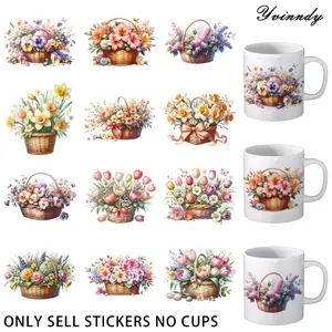 12 Pieces Of Watercolor Flower Basket UV DTF Sticker - Waterproof UV DTF Transfer Paper For Arts And Crafts, DIY Decorating, Scrapbooks And Seals - Easy To Paste, Durable And Versatile For Cups, Bottles, Laptops, School Supplies And More
