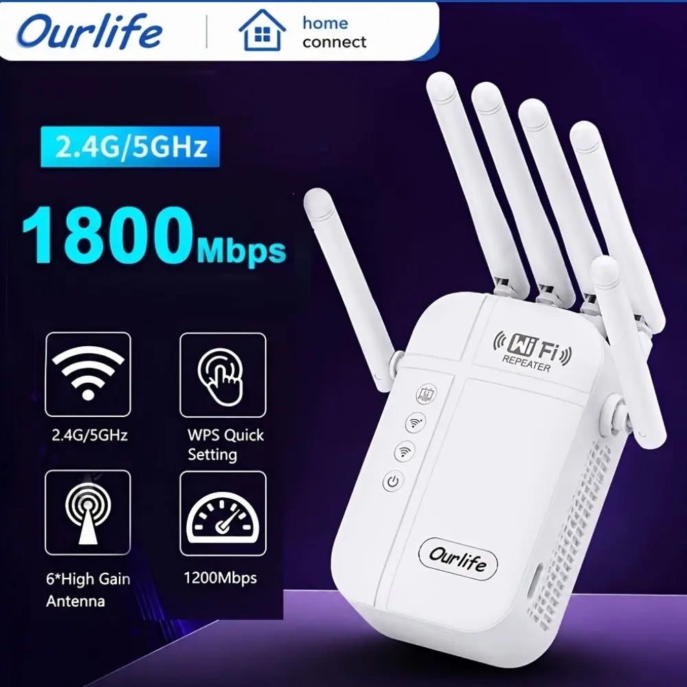 Wifi Extender Signal Booster, Dual Band 2.4Ghz/5Ghz Wireless Range Repeater with 6 Antennas, Easy Setup Internet Booster for Home, Bedroom, Office, Garage & Basement