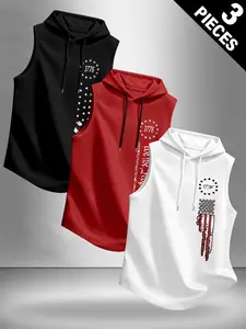 Men's Casual Hooded Vest Set, Fitted Drawstring Design, 1776 Flag Print, Comfortable Daily Wear, Multifunctional Fashion Sportswear, Athleisure Breathable Clothes, Sport Casual Outfit