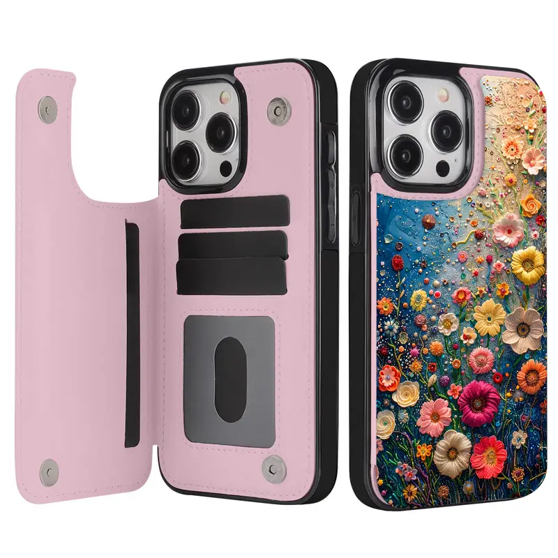 Colorful flower design pattern leather card holder phone case,for iPhone 17 Pro Max Phone Case 17 Air 16 15 Plus 14 13 12 , Samsung Galaxy S25 ULTRA FE Plus S22 S23 FE S24 Plus