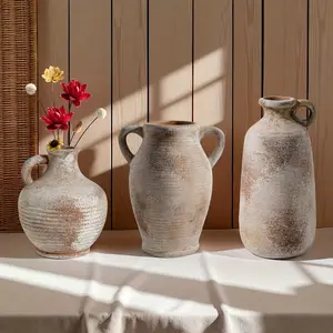 Vintage French Country Farmhouse Ceramic Vase with Handle, Decorative Flower Holder, Home Decoration Indoor Ornament, Handmade Porcelain Vases