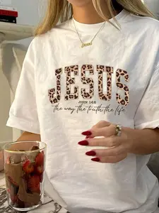 Christian Jesus T-Shirt, Leopard Print Bible Verse Top, Fashion Faith Clothing Gift, Love Truth Life Women's Tee, Round Neck Casual Loose-Fitting, Womenswear