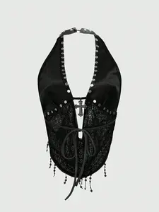 Sheer Mesh Halter Neck Sleeveless Top with Beaded Tassels - Ideal for Date Nights, Parties & Gothic Outfits | Y2K Fashion, Edgy Going Out Top