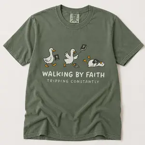Comfort Colors Funny Christian Shirt, Walking By Faith Tripping Constantly, Goose Bible Verse Tee, Religious Humor Gift For Friend - TrendWear USA
