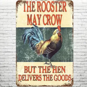 8"X12" Vintage Iron Chicken Coop Signage - Humorous 'The Rooster May Crow But The Hen Delivers The Goods' Wall Decor for Home, Garden, Decor Accessories for Chicken Coop, Rooster Themed Home Supplies