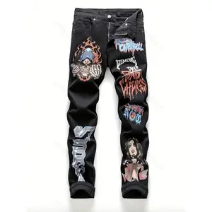 New European And American Black Warrior Y2K Ghost Head Letter Printed Jeans Fabric Menswear Set Stretch Trouser Pants