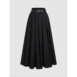 Women's High Waist Long Pleated A-Line Skirt with Decorated Belt, Trendy Casual Business Attire, Stylish Versatile Everyday Wear