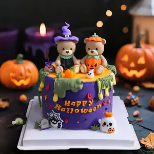 Halloween Theme Cake Decoration Set, Cute Pumpkin Wizard Bear Doll Figurine, Kids Party Dessert Table Setup, Halloween Decorations