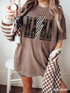 Retro Pink Checkered Mama Shirt, Lightning Bolt Mama Shirt, Mom Tee, Fall Mama Shirt, Mama T-Shirt, Mom Shirt, Comfort Mom Crewneck