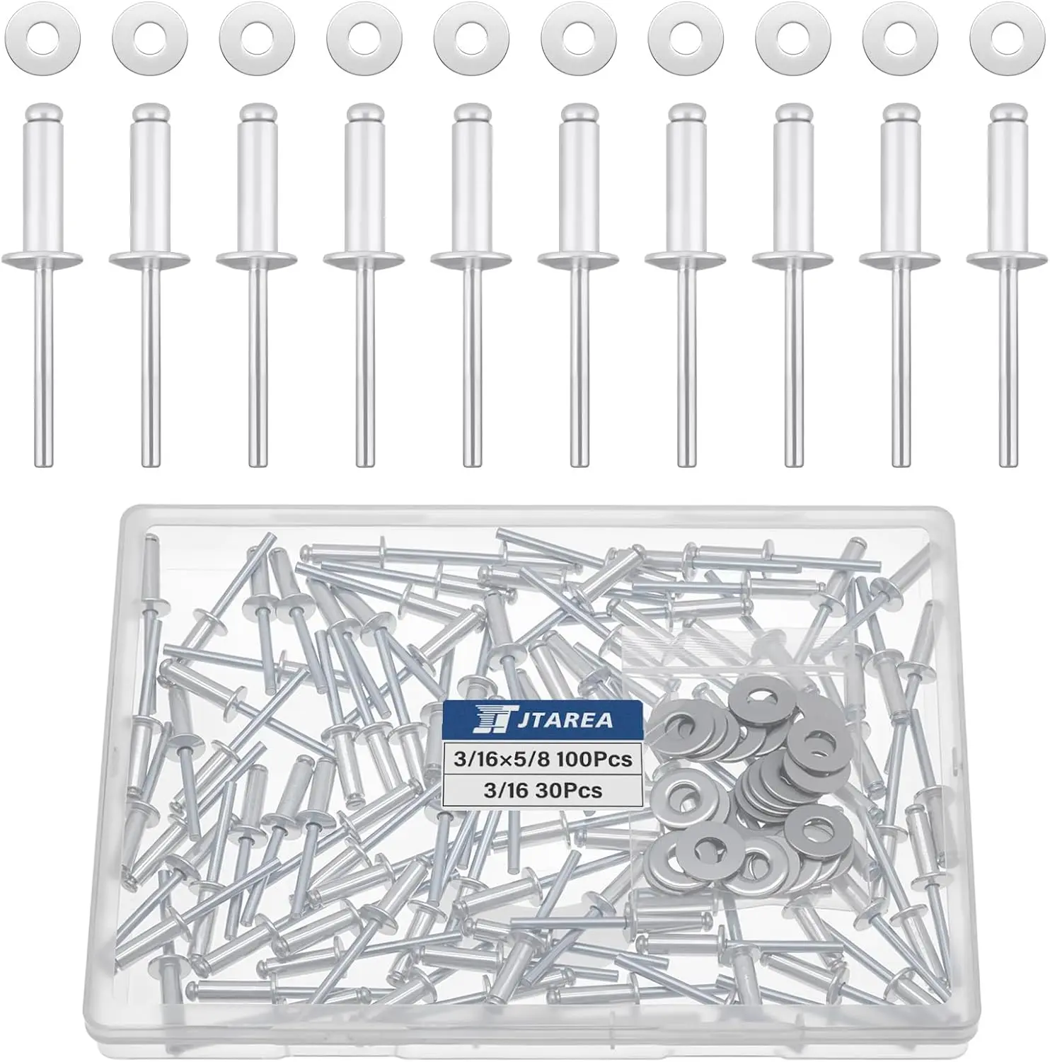 3/16" x 5/8" Silver Aluminum Pop Rivets with Stainless Steel Washers 4.8 x 16mm Blind Rivet Assortment Kit (Pack of 130pcs)