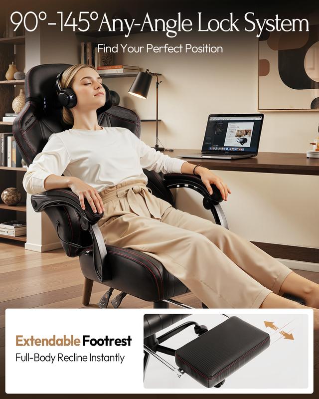 Dowinx Big and Tall Video Gaming Chair with Shiatsu Neck Massage and Lumbar Support for Home Office High Back Recliner Height Adjustable Ergonomic Comfy Leather Computer Desk Chair (Black)