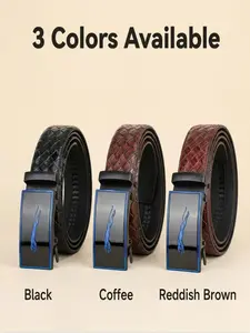 Men's Business Automatic Buckle Leather Belt, Blue Edge Jaguar Clasp, Braided Texture Cowhide Waistband, Versatile Mid-Youth Pants Strap
